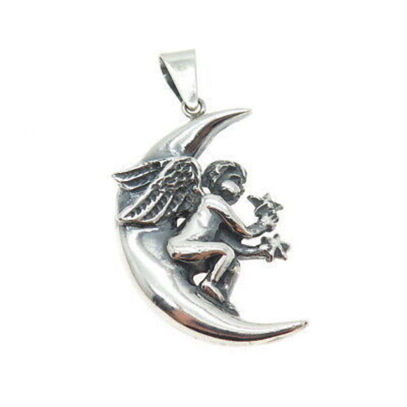 925 Sterling Silver Vintage Crescent & Angel Oxidized Pendant - Picture 4 of 7